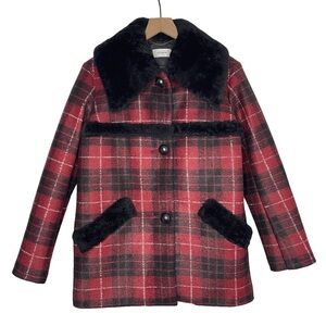 Coach Coat Womens 4 Wool Tartan Plaid Fur Collar Mob Wife Red Holiday Christmas